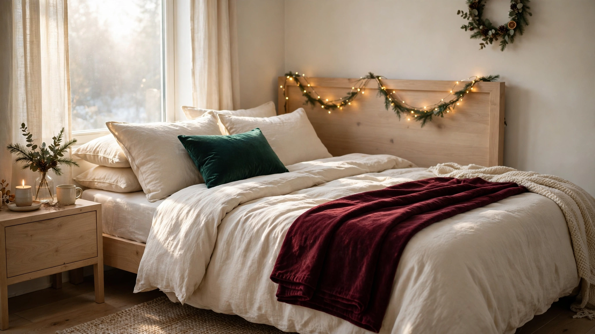 christmas bedroom decor — burgundy throw at the foot of the bed and fairy lights over the headboard