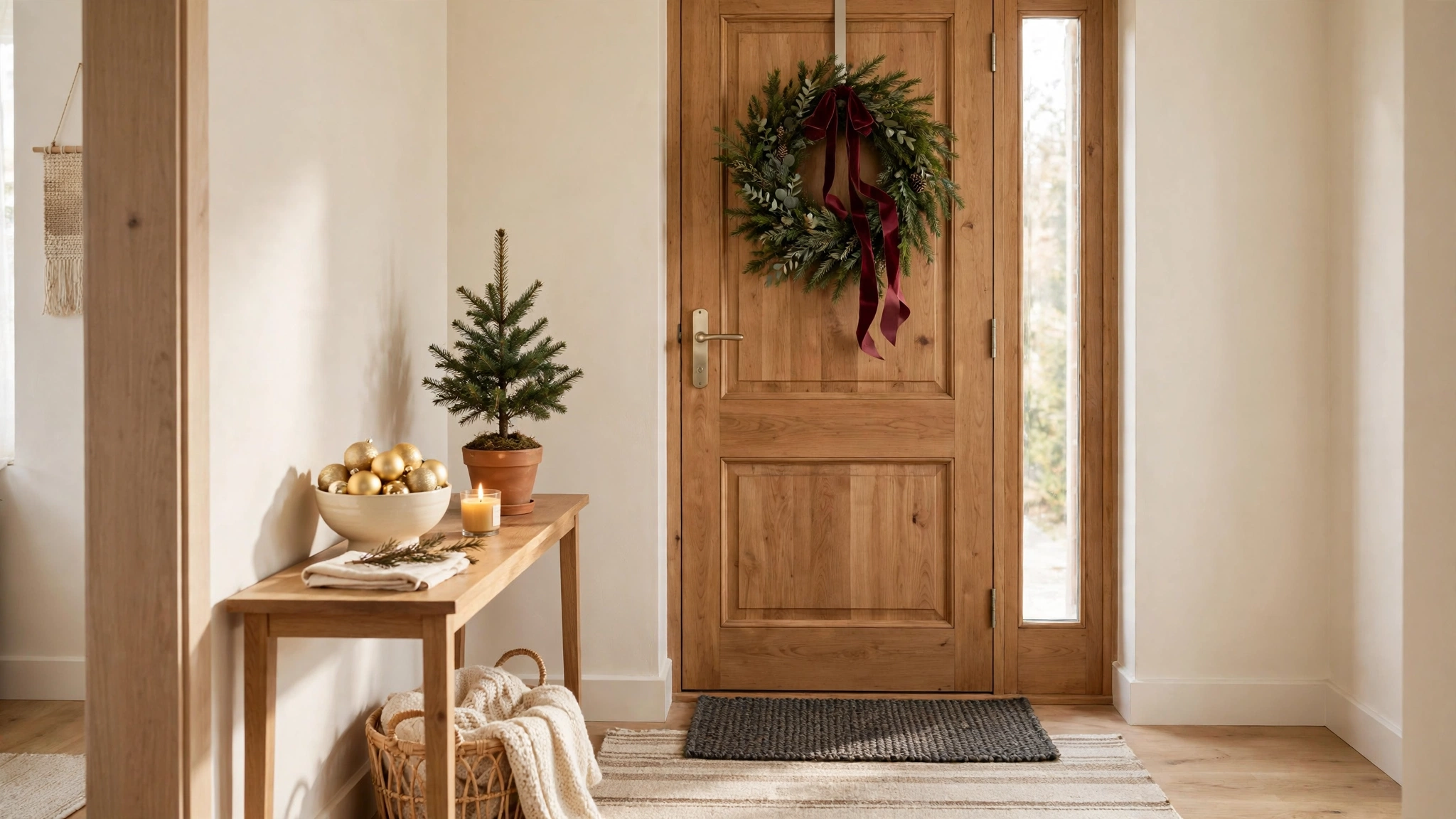 christmas entryway decor — wreath with burgundy ribbon and a console table with gold ornaments