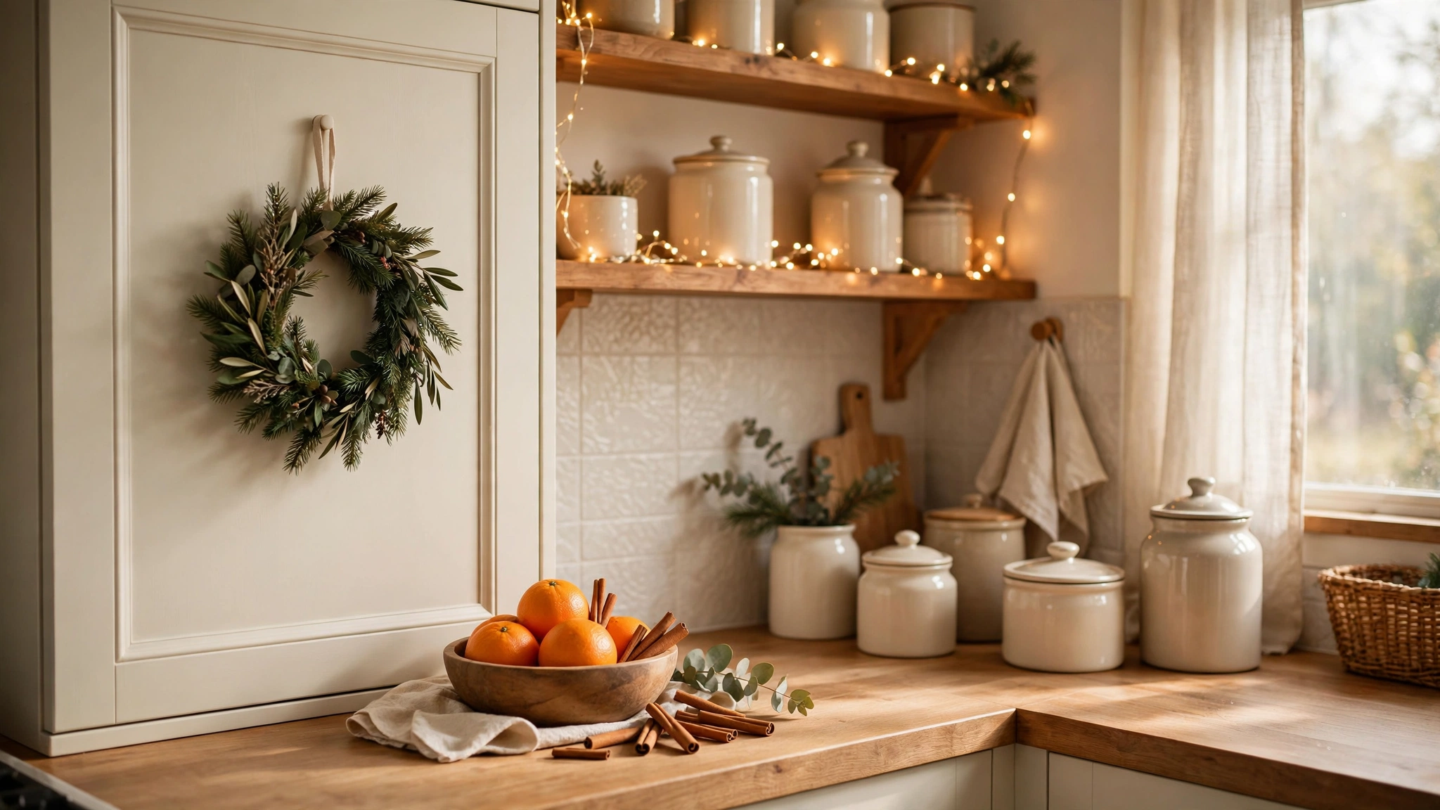 christmas kitchen decor — mini wreath on a cabinet door, oranges and cinnamon sticks