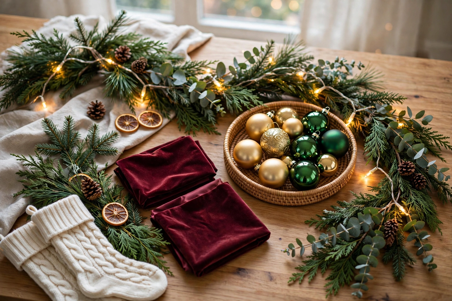 christmas decorating ideas — greenery, fairy lights, velvet ribbon and ornaments layered on a wooden table