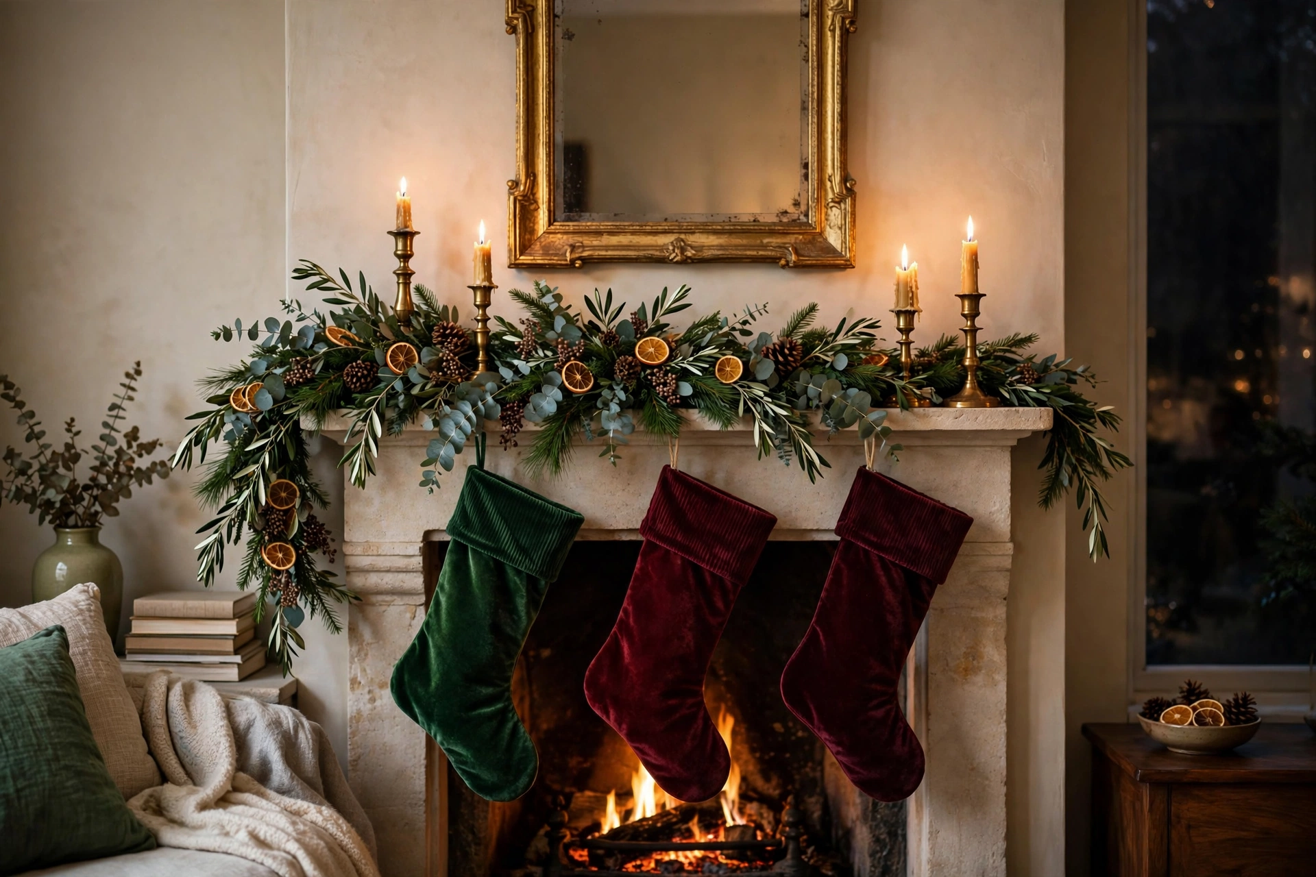 christmas mantel decor — garland with dried oranges, brass candles and velvet stockings