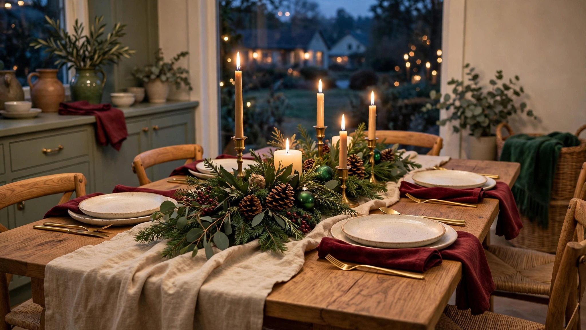 christmas table setting ideas — greenery centerpiece, candles at different heights and gold cutlery