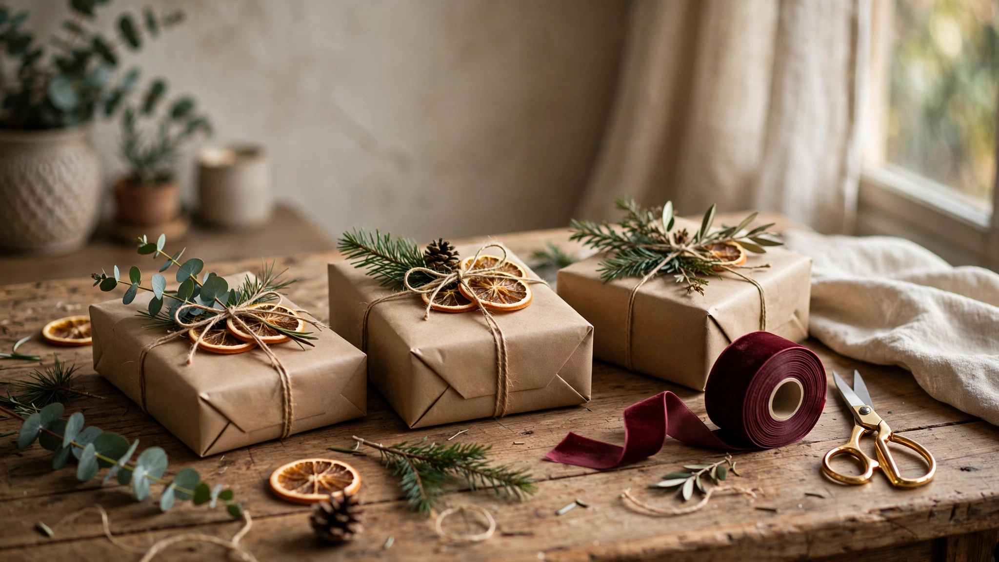 budget christmas wrapping ideas — kraft paper gifts with twine, greenery and dried orange slices