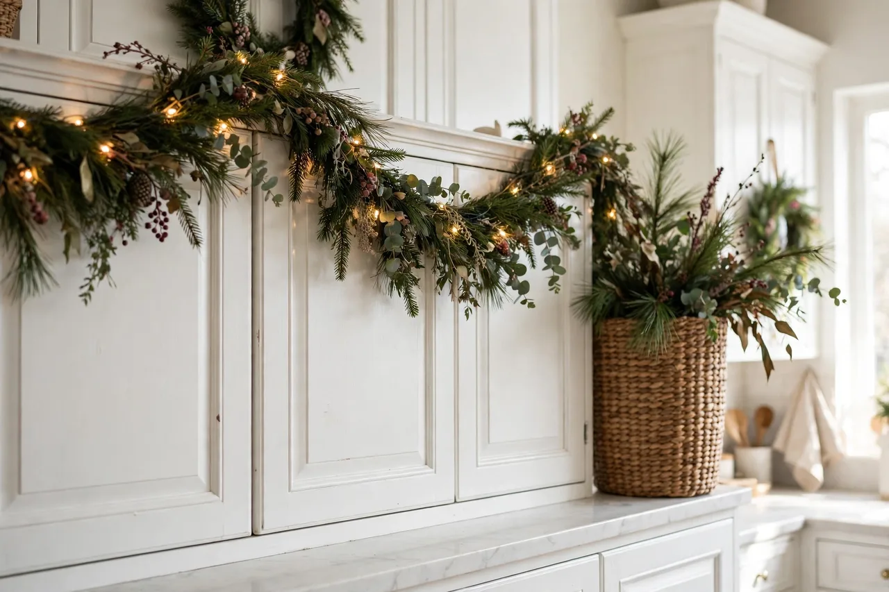Garland and fairy lights draped along the top of white kitchen cabinets