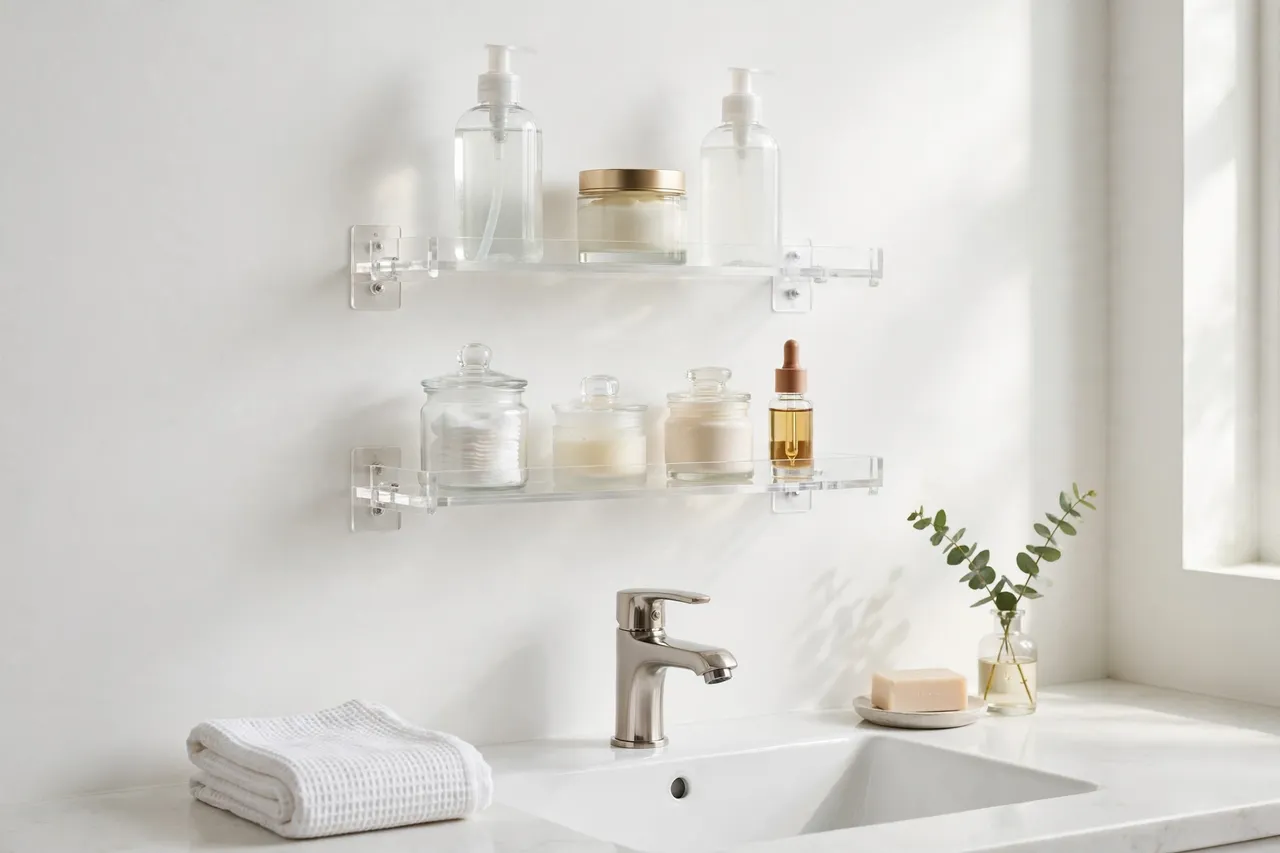 Clear adhesive acrylic shelves with bottles on a white bathroom wall