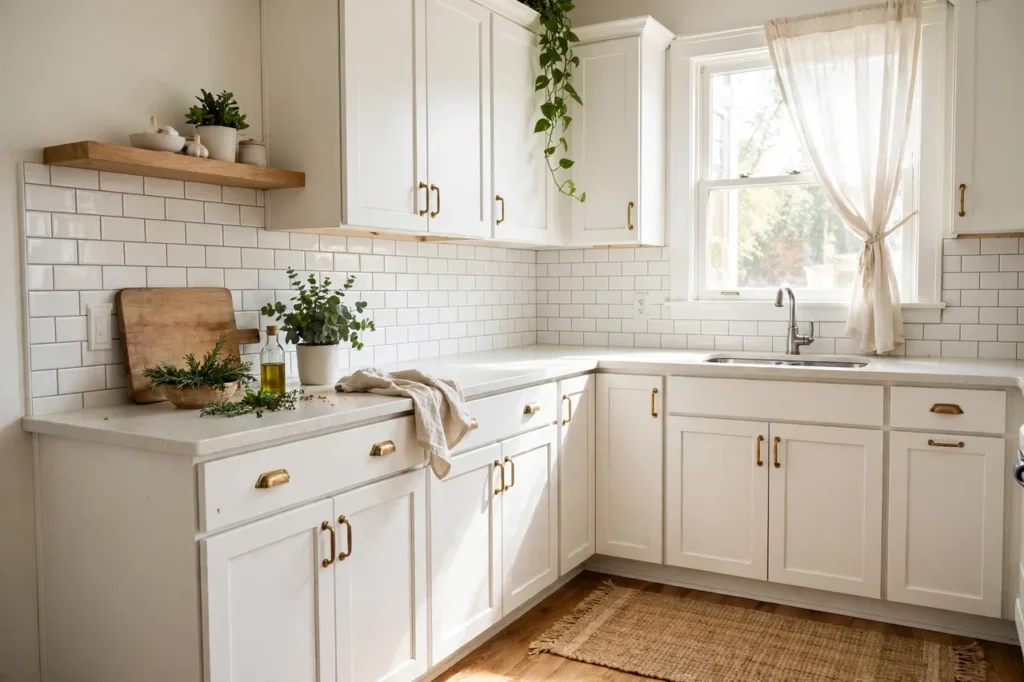 Small kitchen with white subway backsplash, brass cabinet pulls and a woven runner