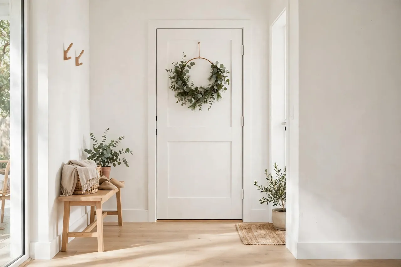 Simple natural greenery wreath on a white door in Scandinavian style