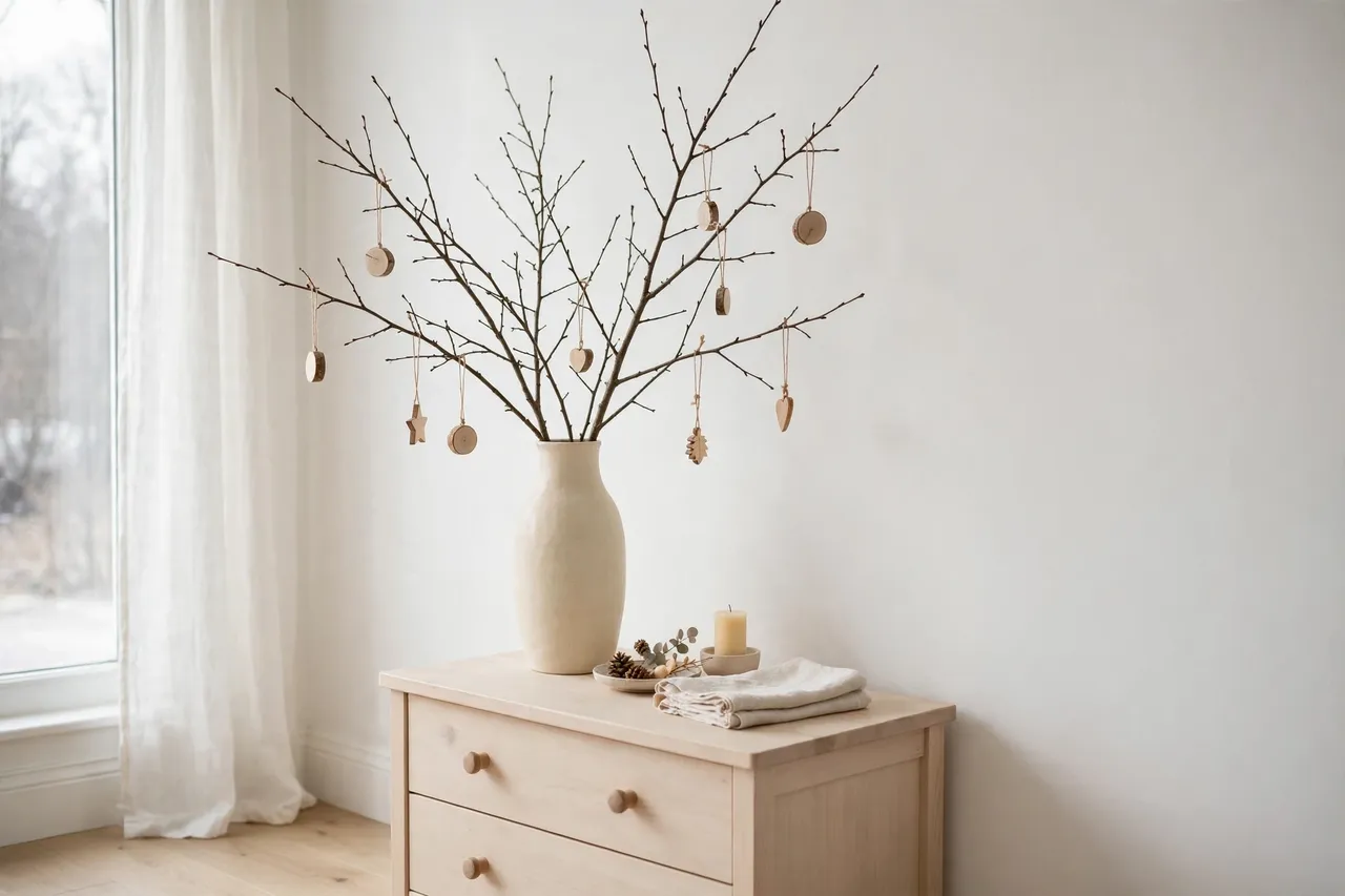 Bare branches in a ceramic vase with a few wooden ornaments in a white room