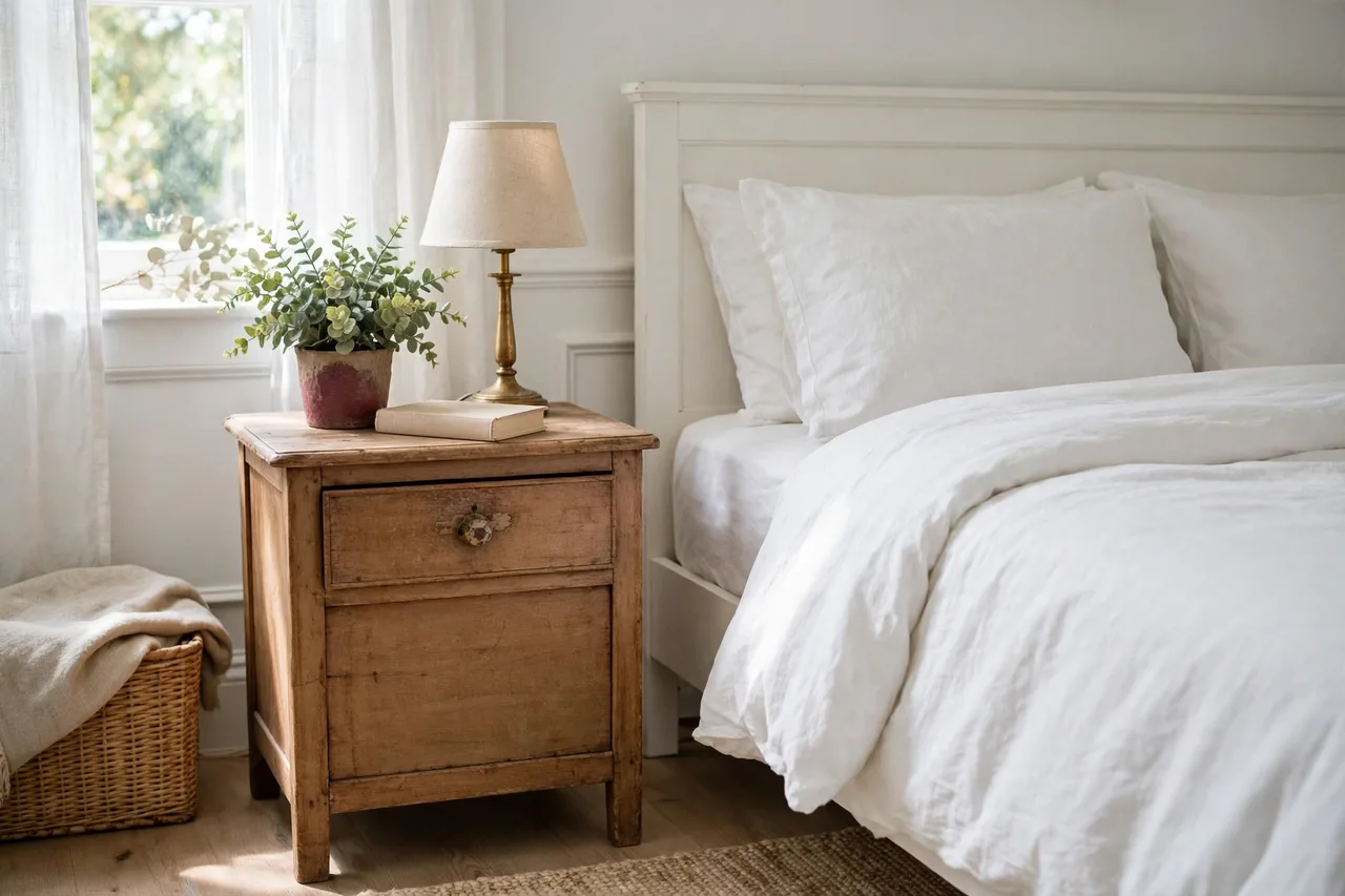 Thrifted wooden nightstand styled with a lamp, water glass and book