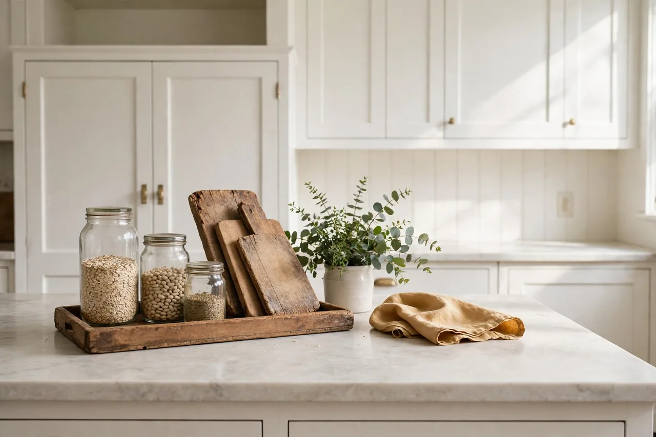 Budget counter refresh with thrifted boards, glass jars and a good tray