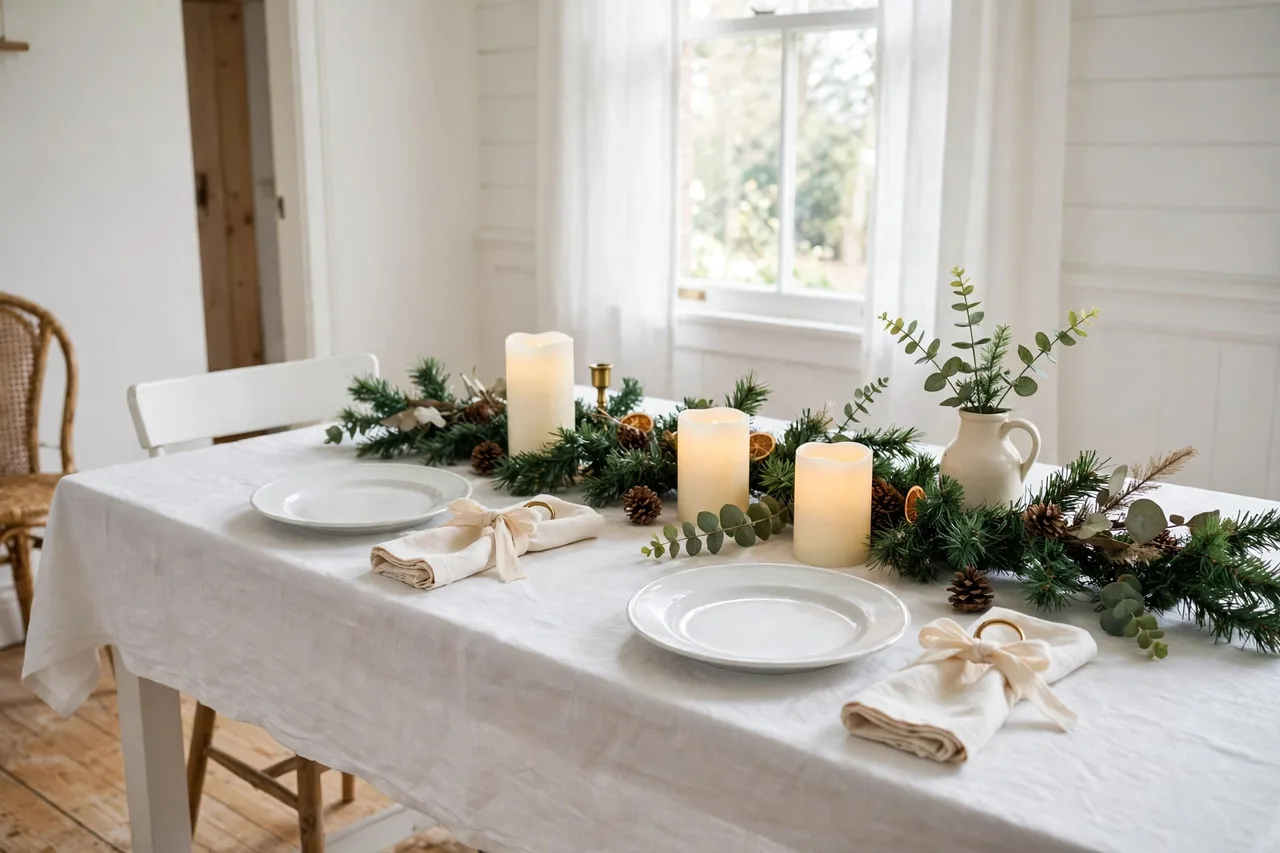 Beautiful budget Christmas table with simple white dishes, garland and flameless candles