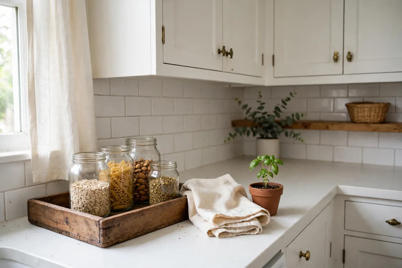 Budget-decorated kitchen corner with tray, thrifted jars and towels