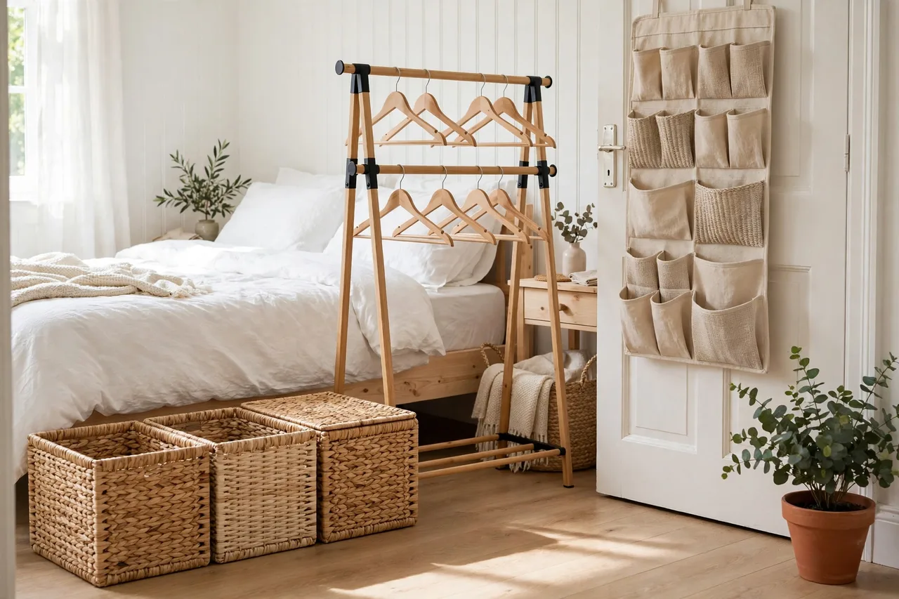 Under-bed boxes, a double-hang rod and an over-door organizer ready to use
