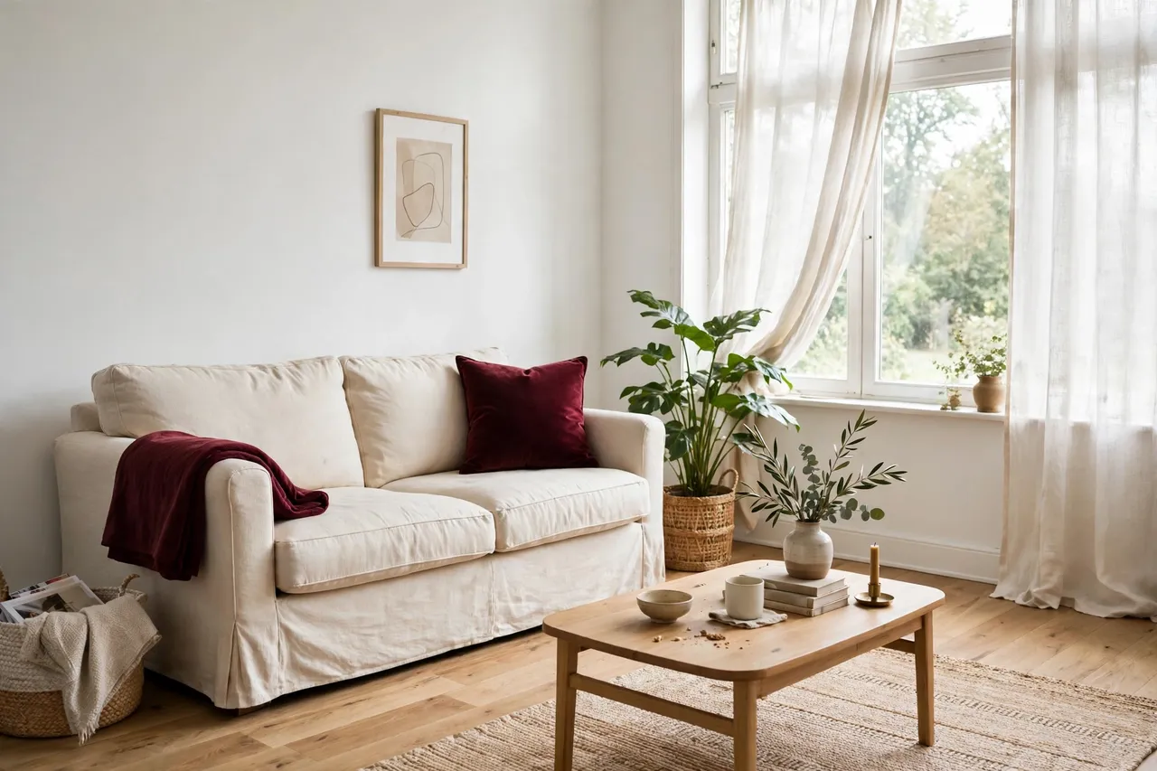 Single burgundy velvet cushion with a draped throw on a white sofa