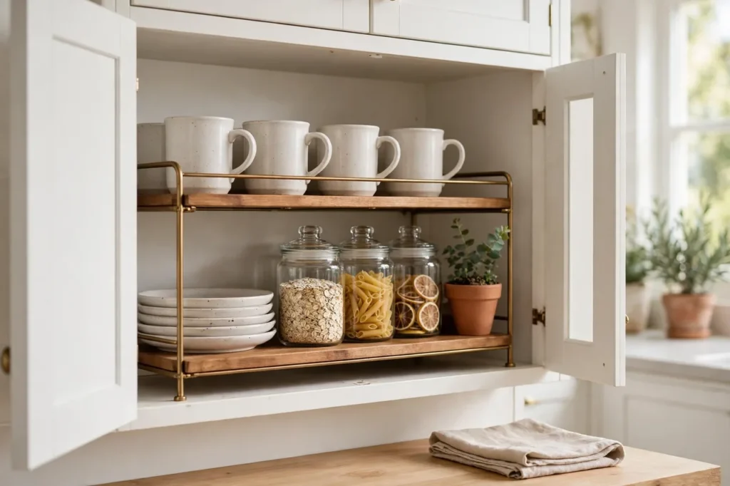 Inside a kitchen cabinet with a stackable shelf holding mugs, plates and jars
