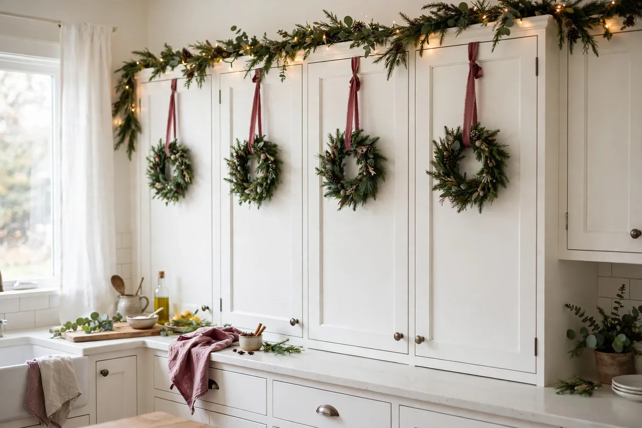 Mini wreaths on burgundy ribbons hanging on white cabinet doors