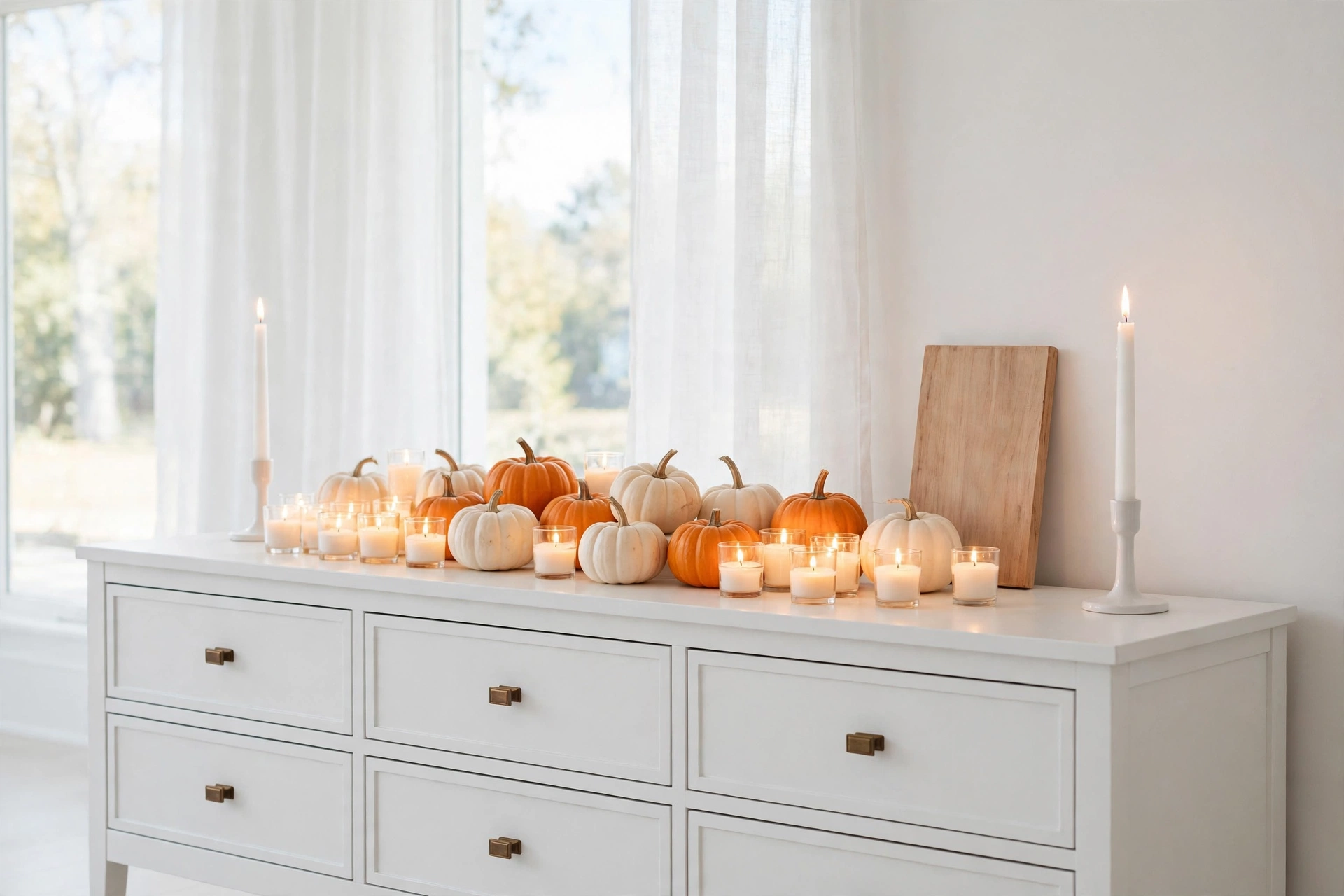 thanksgiving candle cluster — votives and taper candles on a white sideboard