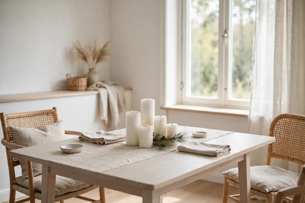 White pillar candles and simple advent arrangement on pale wood in a bright room