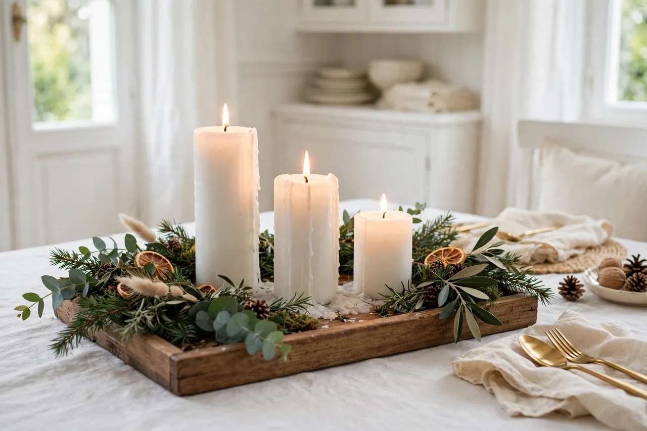 Wooden tray with three white candles of different heights on a Christmas table