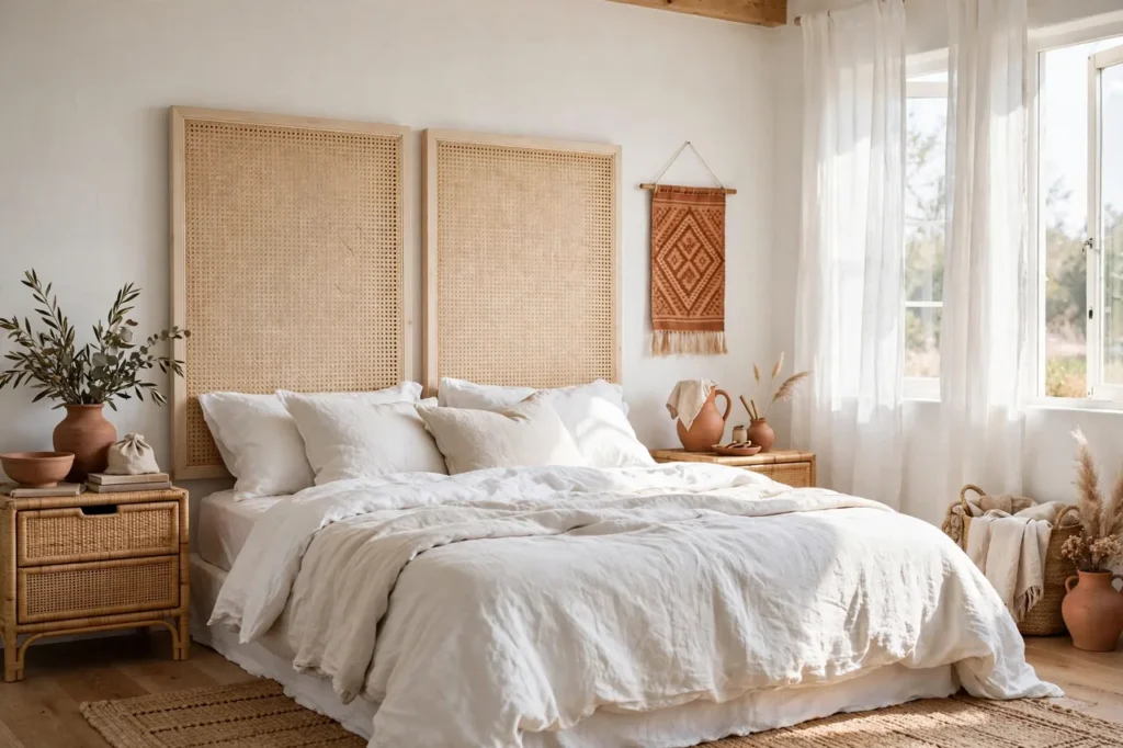 Cane webbing panels behind a bed with white linen bedding in a boho bedroom