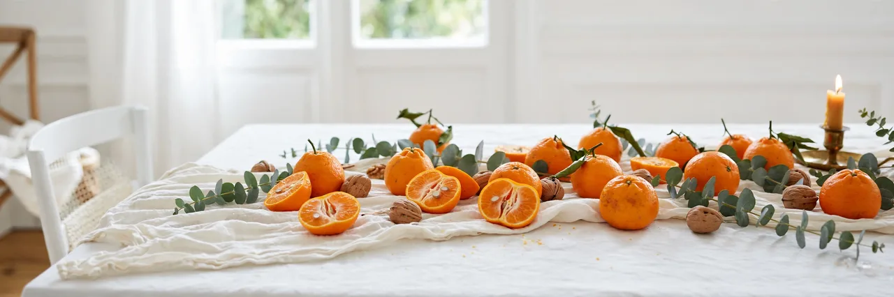 Clementines, eucalyptus and walnuts scattered along a Christmas table