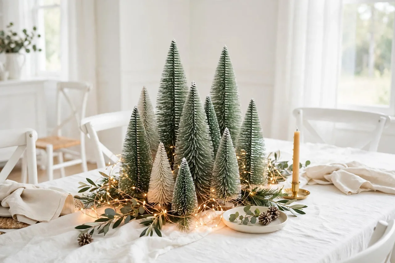 Cluster of small bottlebrush trees as a low Christmas table centerpiece