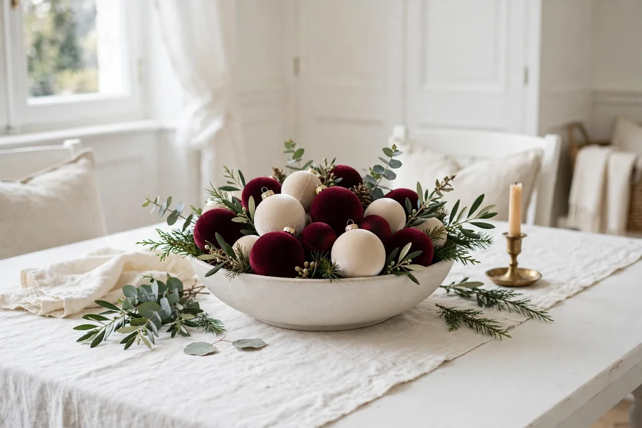Low bowl of burgundy and cream baubles with greenery as a table centerpiece