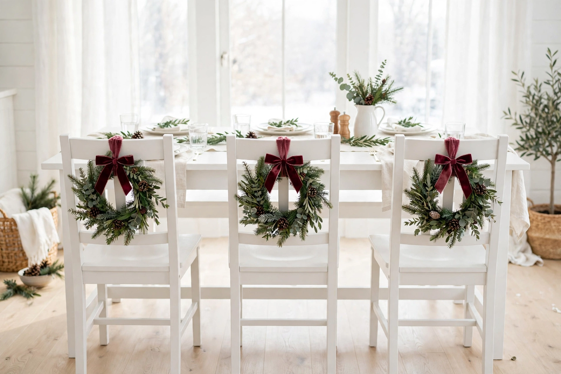mini wreaths on dining chair backs with burgundy bows