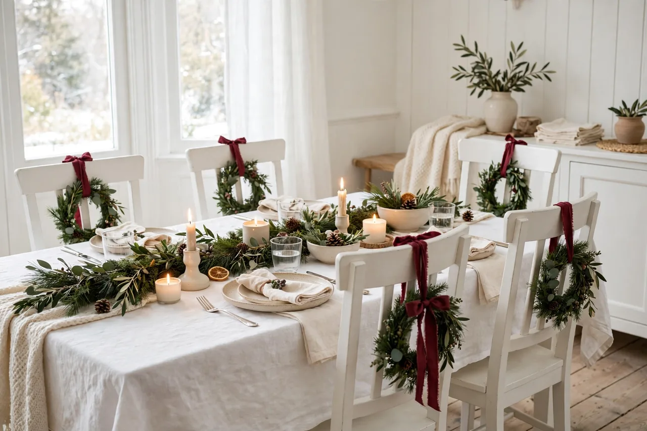 Dining chairs with mini wreaths tied with burgundy ribbon on their backs