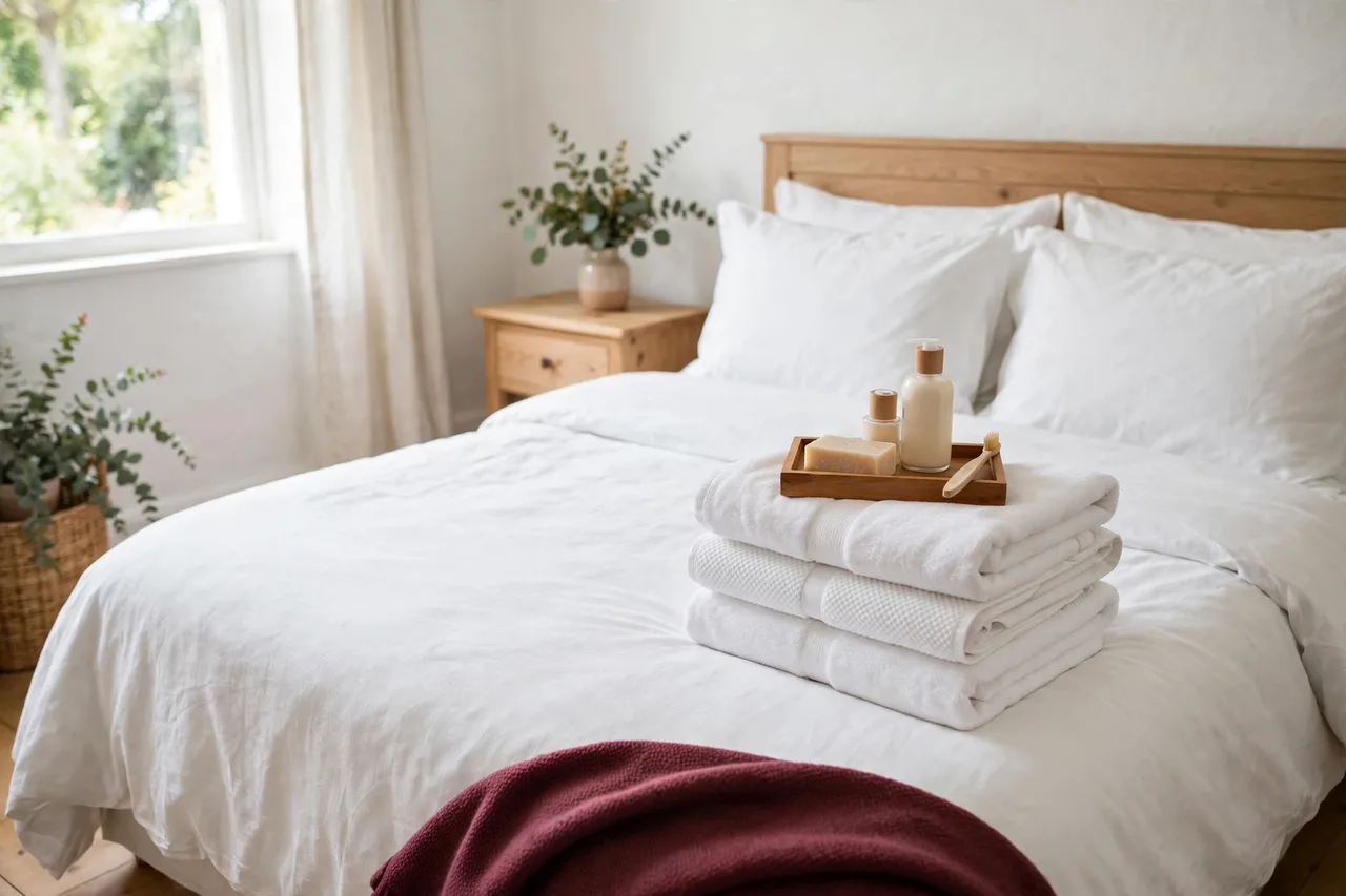 Folded white towels and a toiletries tray on a freshly made guest bed