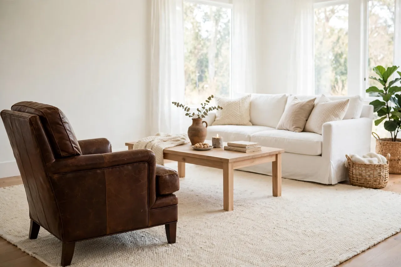 Chocolate-brown leather accent chair on a light rug in an airy living room