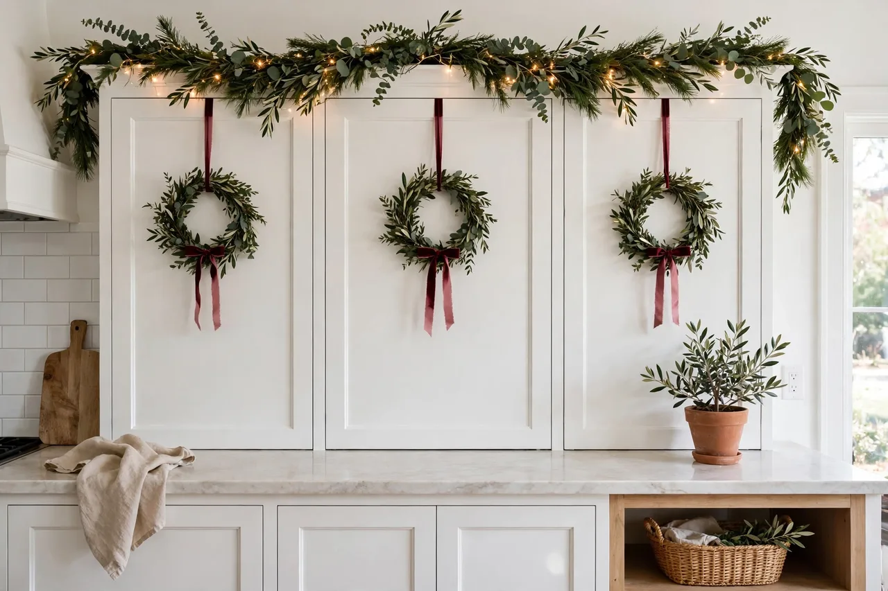 White cabinet doors with small wreaths on burgundy ribbons and garland above