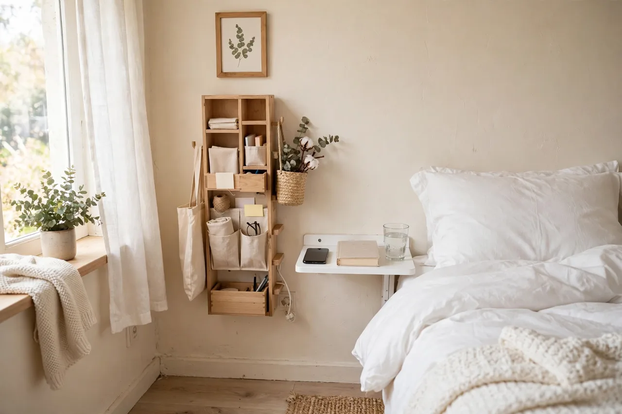 Clip-on bedside shelf with a phone, book and glass of water in a tiny bedroom