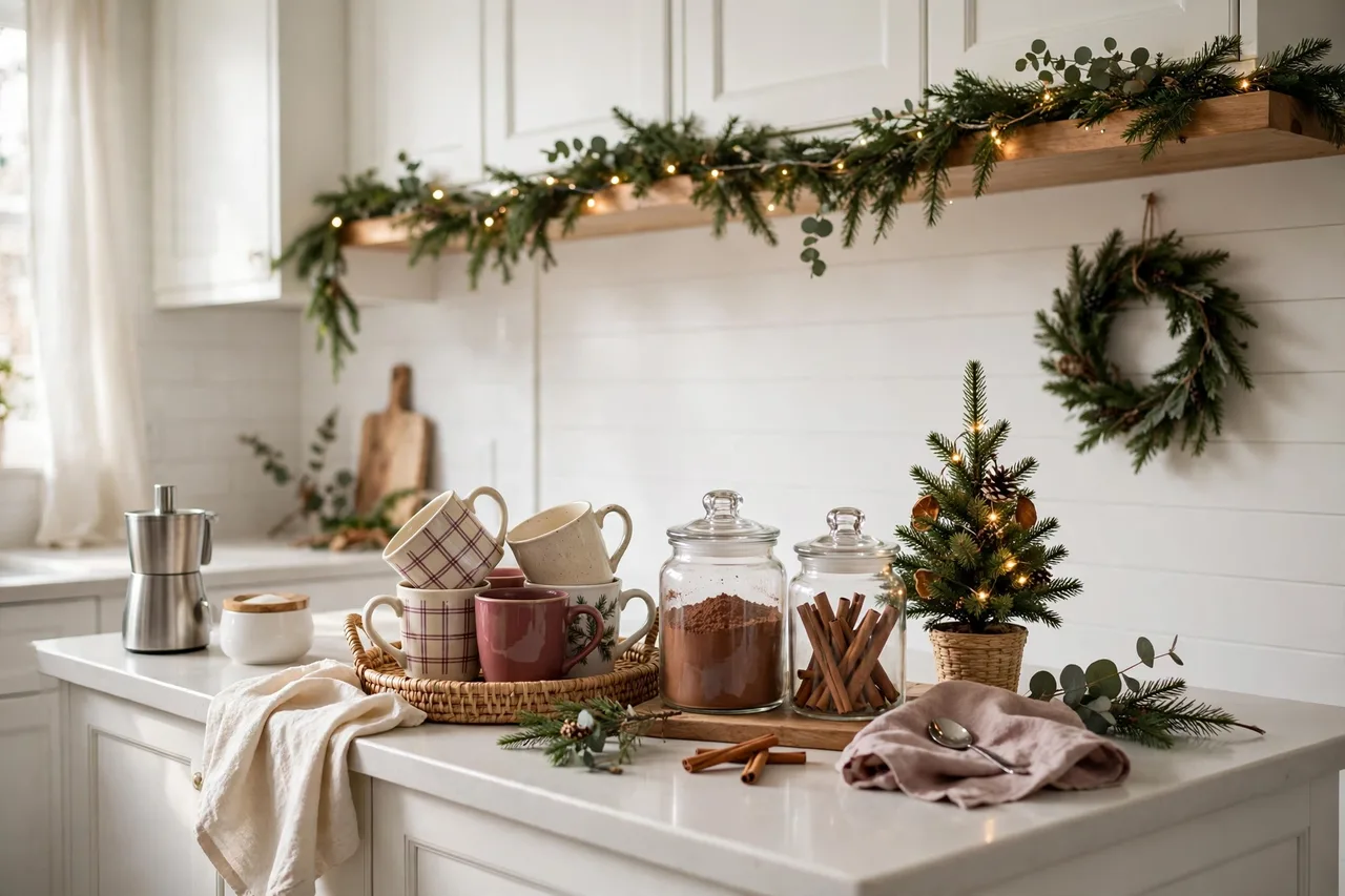 Christmas coffee bar with festive mugs, cocoa jars and a tiny tree
