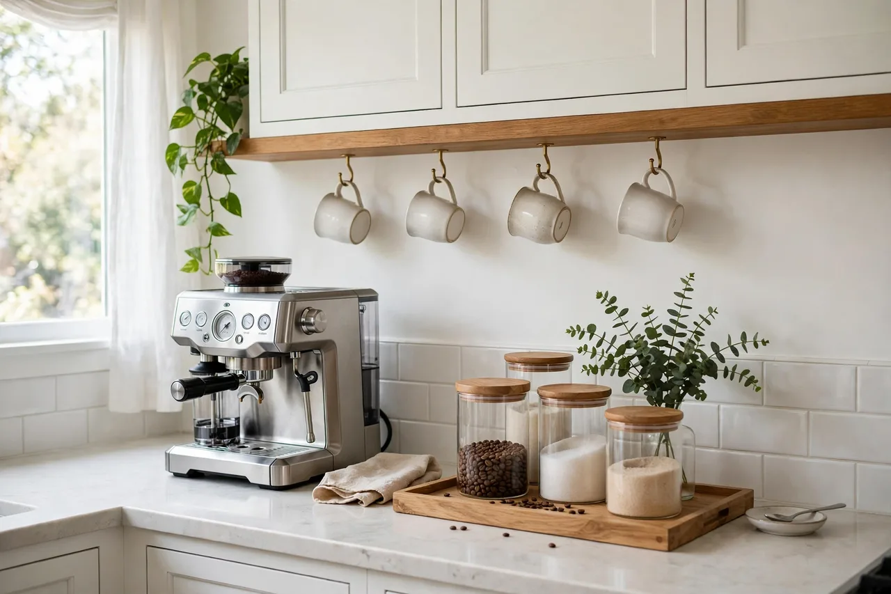Coffee station with machine, jars on a tray, hanging mugs and a shelf above