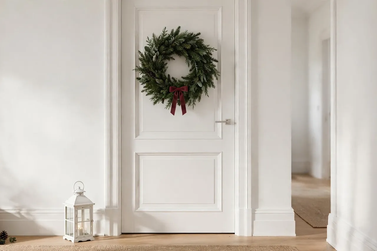 Christmas wreath hanging on a white door with damage-free adhesive strips