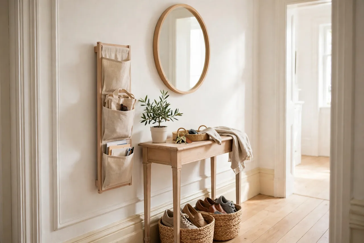 Slim entry console table with baskets of shoes underneath and a round mirror