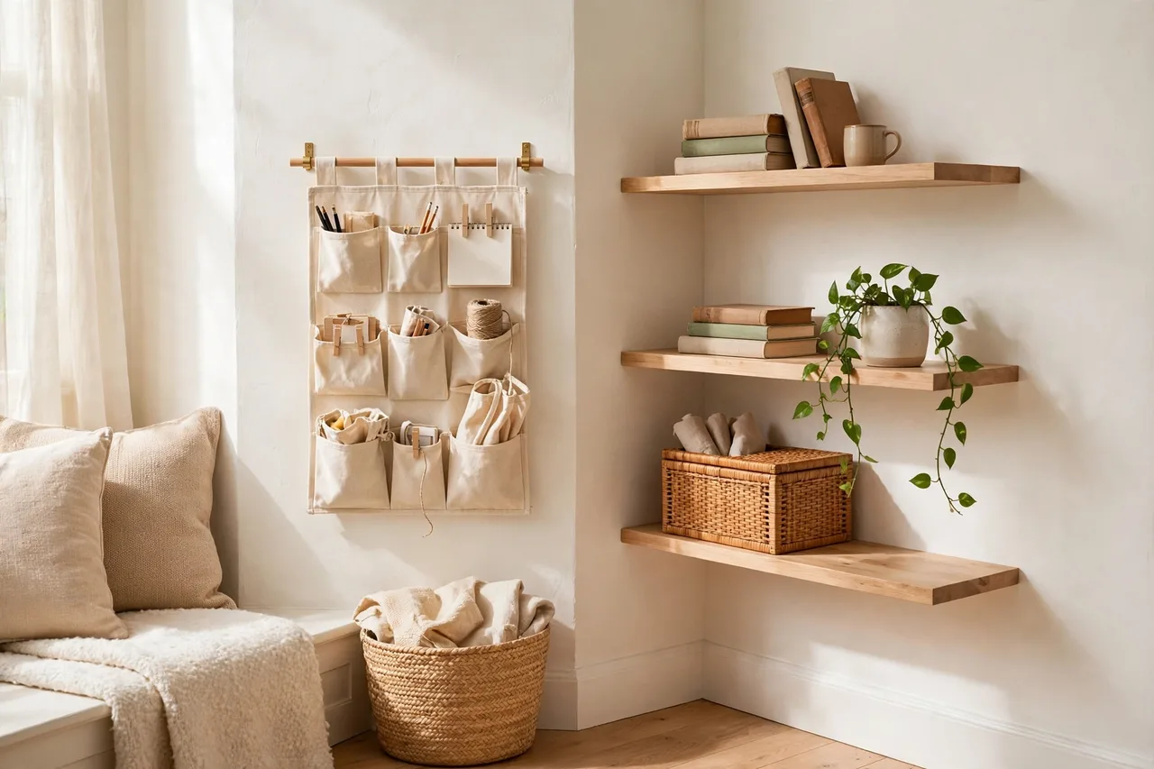 Light wood floating corner shelves with books and a trailing plant in a small living room