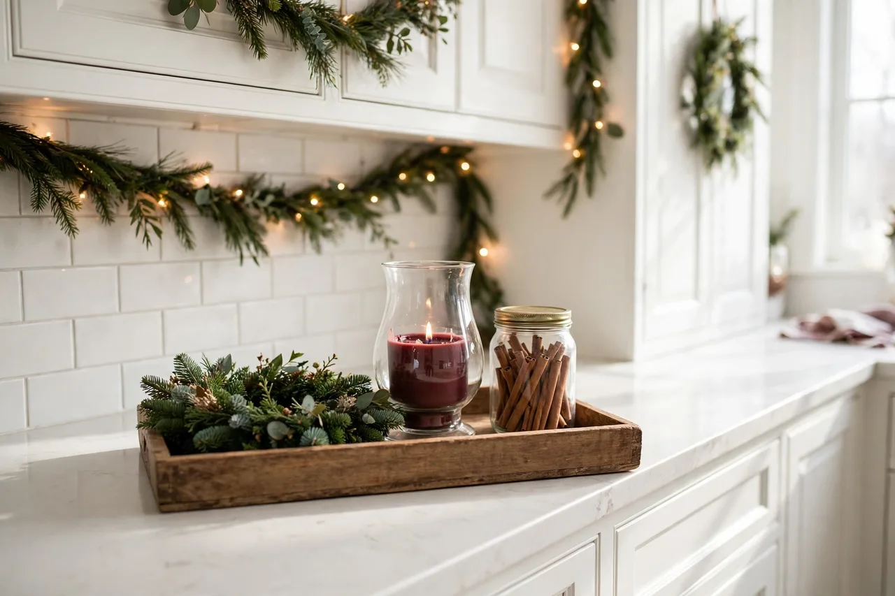 Festive tray with a wreath, candle and cinnamon sticks on a clear kitchen counter