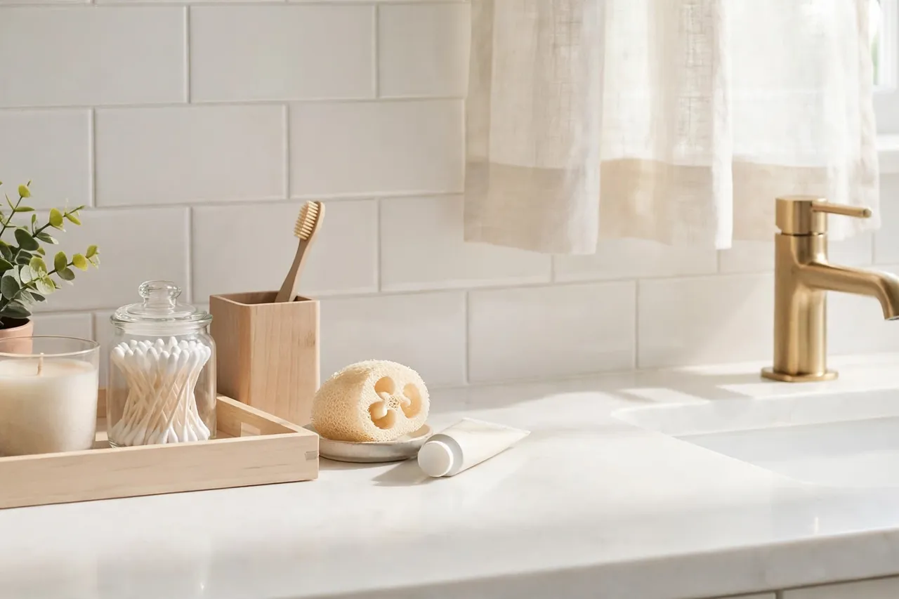 Wooden tray corralling daily essentials on a white bathroom counter