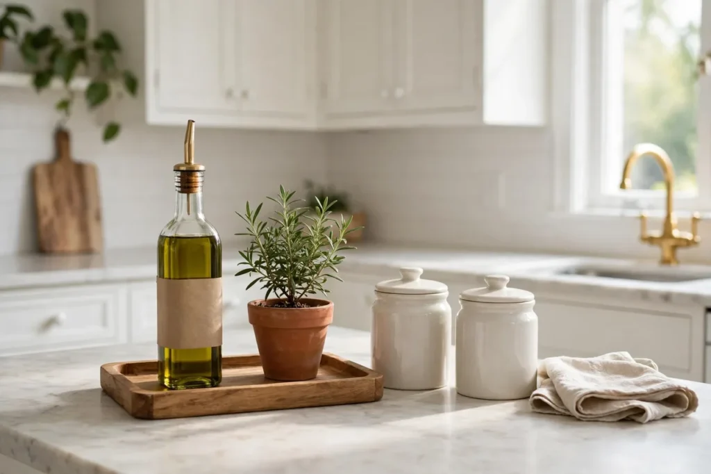 Styled kitchen countertop with a wood tray, oil bottle, plant and matching canisters