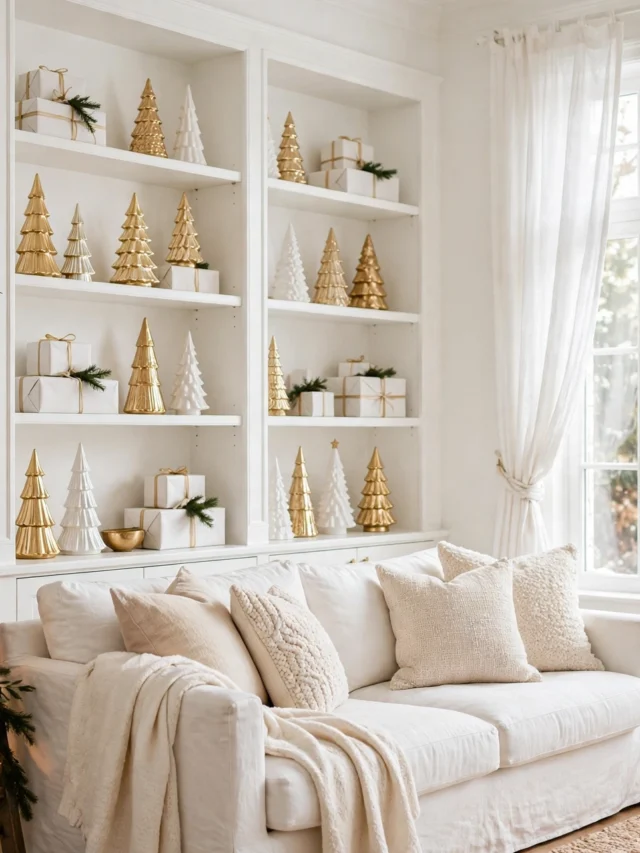 christmas decor ideas — white shelves with gold ceramic trees and garland ladder