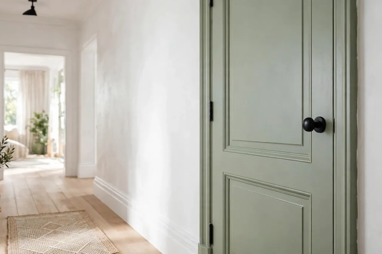 Freshly painted interior door in a soft sage with a modern matte black knob