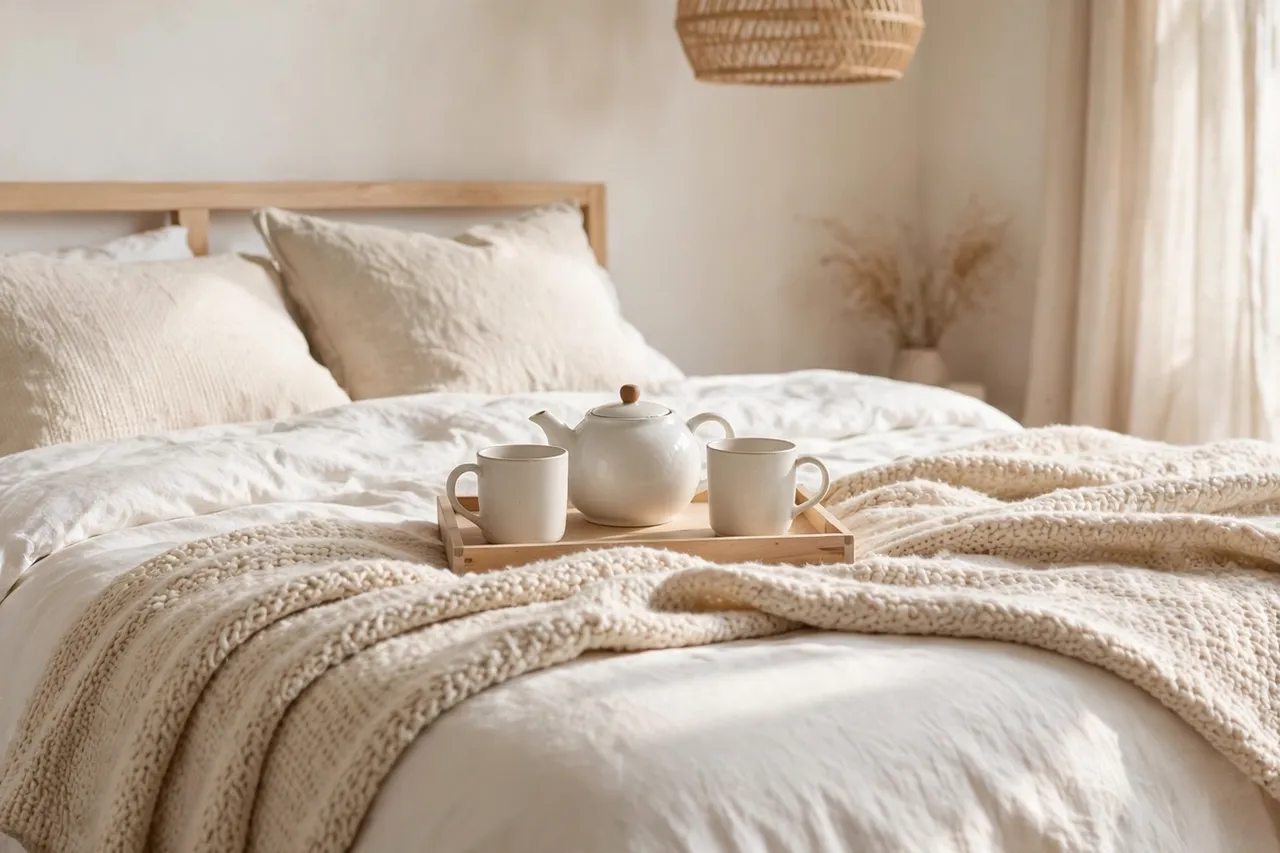 Small wooden tray with a teapot and two mugs on a cozy bed with white bedding