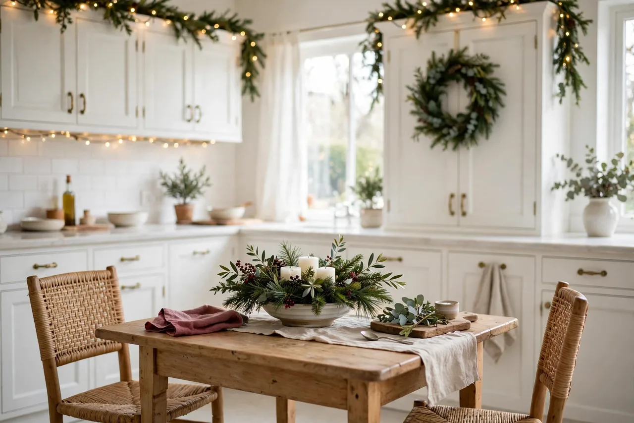 Eat-in kitchen table with a low Christmas centerpiece of greenery and candles