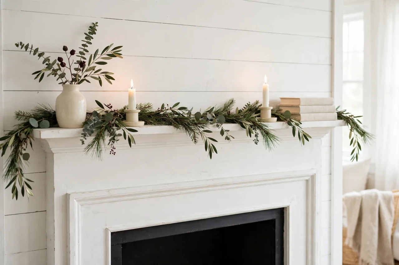 Calm simple Christmas mantel with garland and two candles