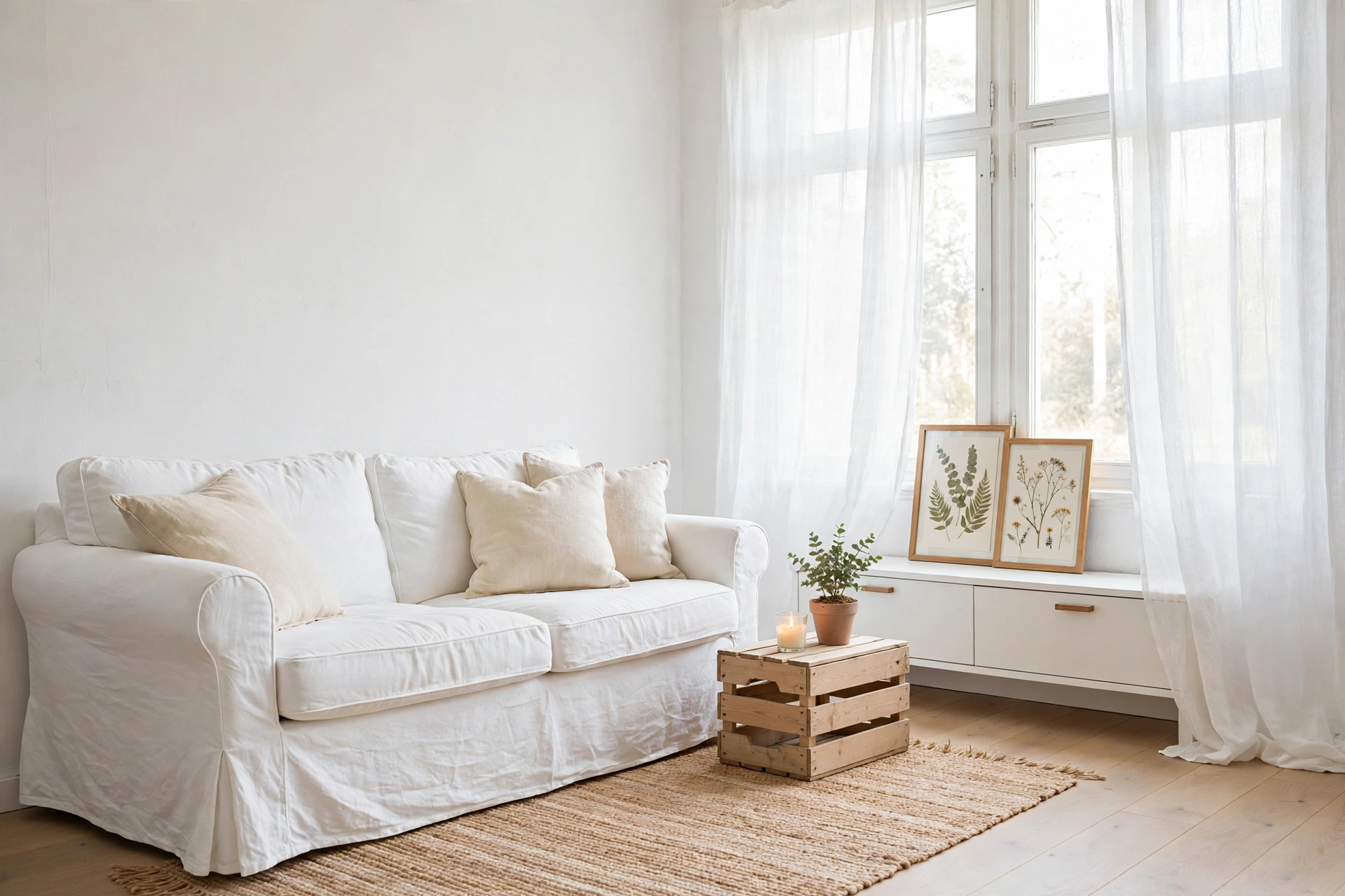 budget living room makeover — white sofa, crate side table with candle and botanical prints