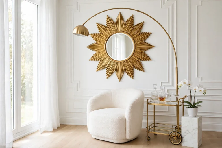 neo deco interiors — gold sunburst mirror, boucle chair and brass bar cart on white