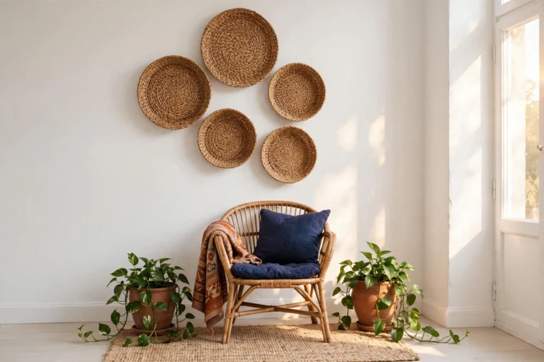 afrohemian home decor — woven basket wall, rattan chair and indigo cushion on white