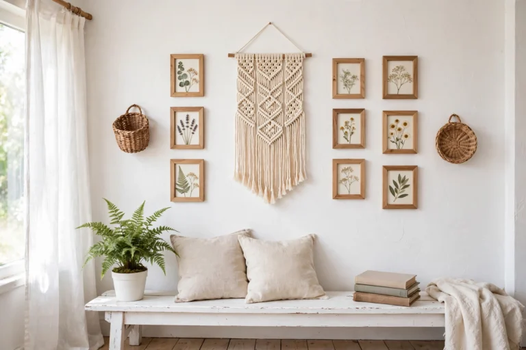 diy wall decor ideas — botanical gallery wall with macrame on white